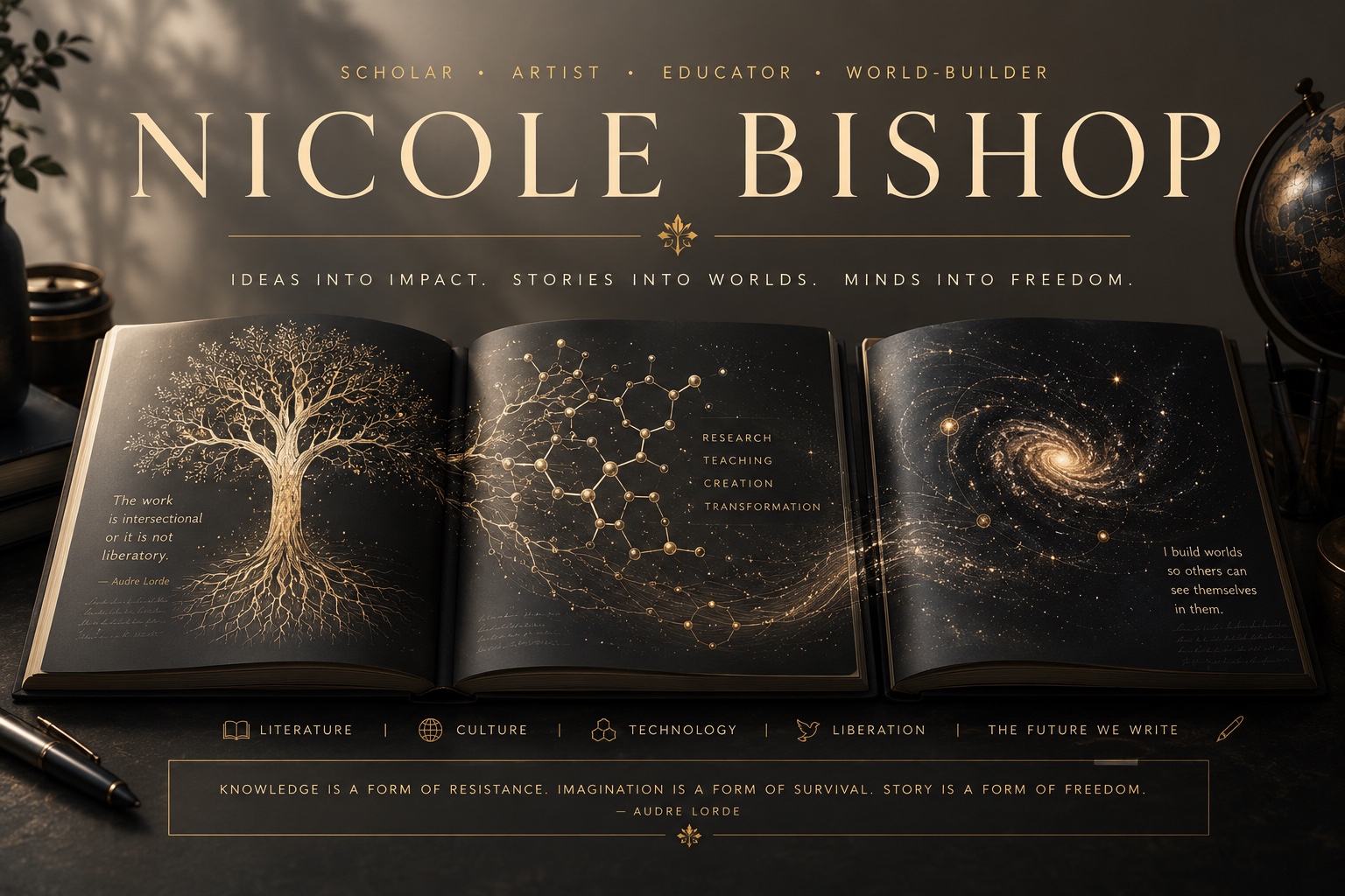 Nicole Bishop — Scholar, Artist, Educator, World-Builder. Ideas into impact. Stories into worlds. Minds into freedom.